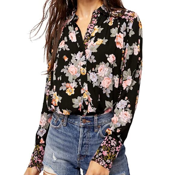 Free People Black Floral Mixed Media Button Down Blouse Top - Picture 3 of 6